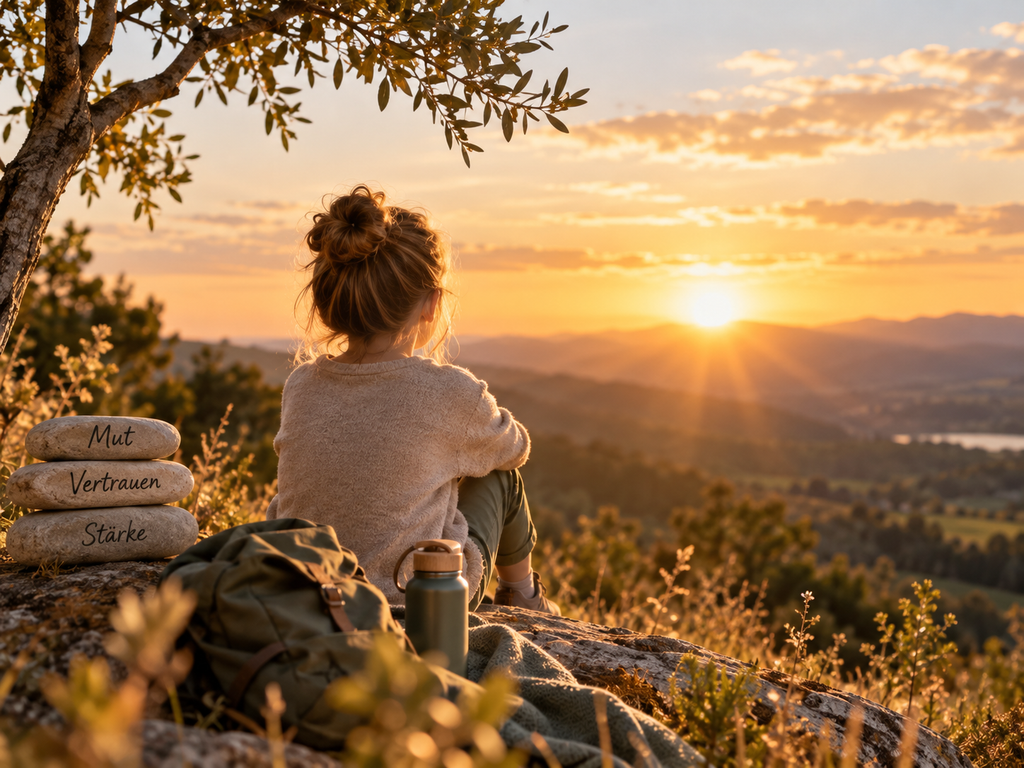 Junge Person sitzt auf einem Hügel und blickt bei Sonnenuntergang über die Landschaft - Mentaltraining.
